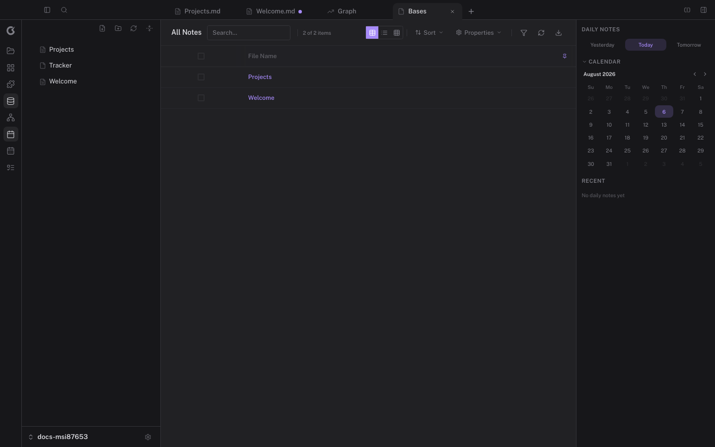 The daily notes panel