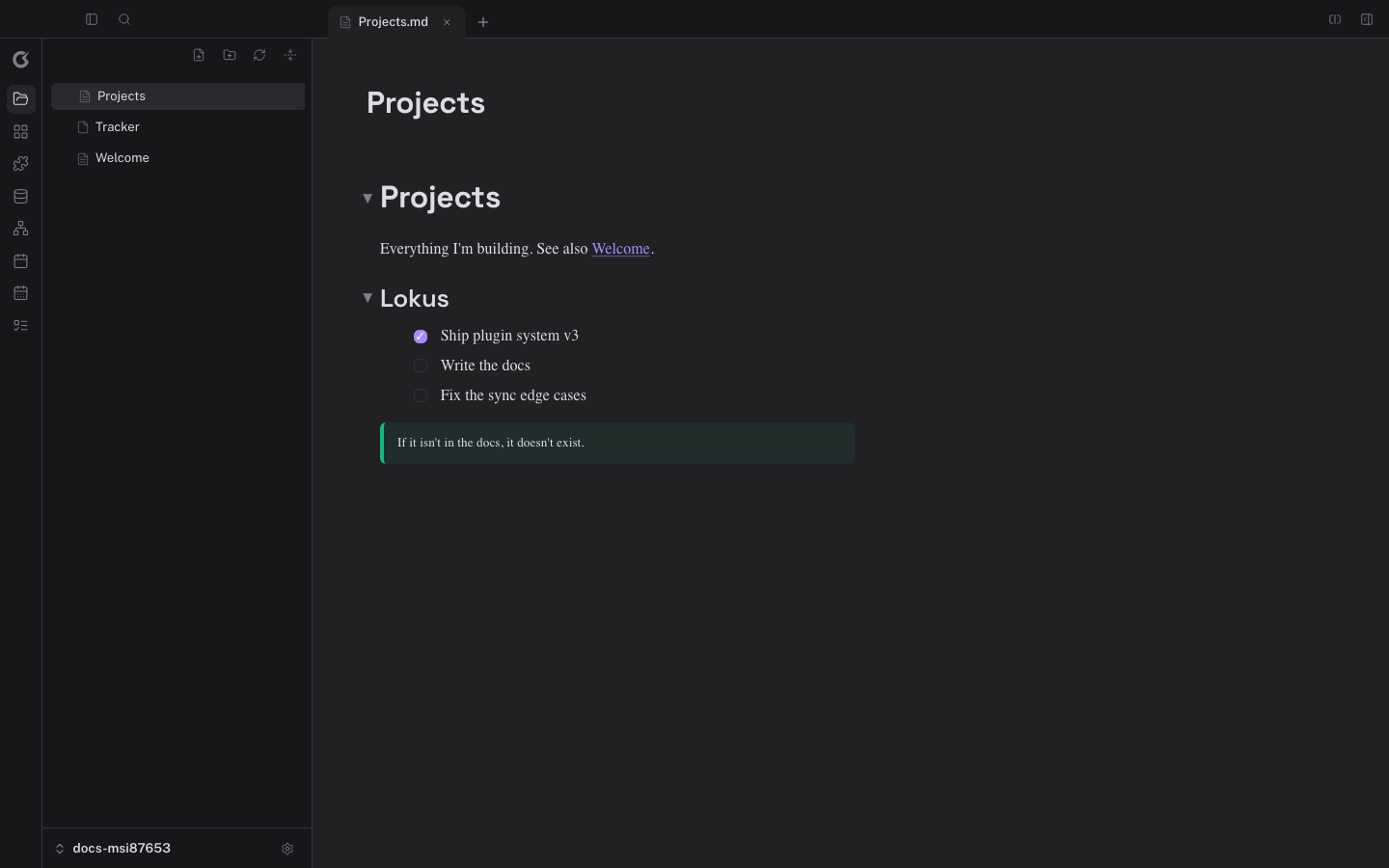 The Lokus editor: headings, tasks, a callout, and a wiki link